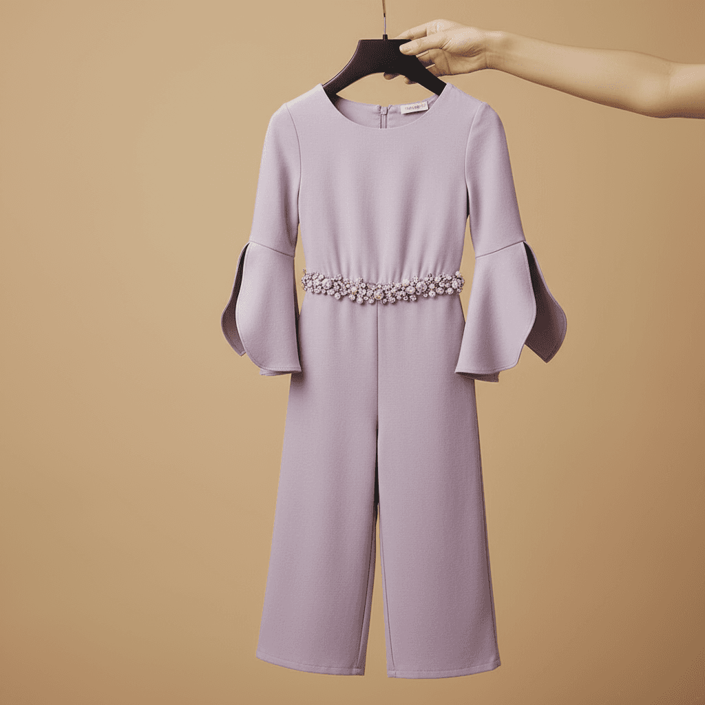Lilac Bell-Sleeve Jumpsuit with Pearl Belt