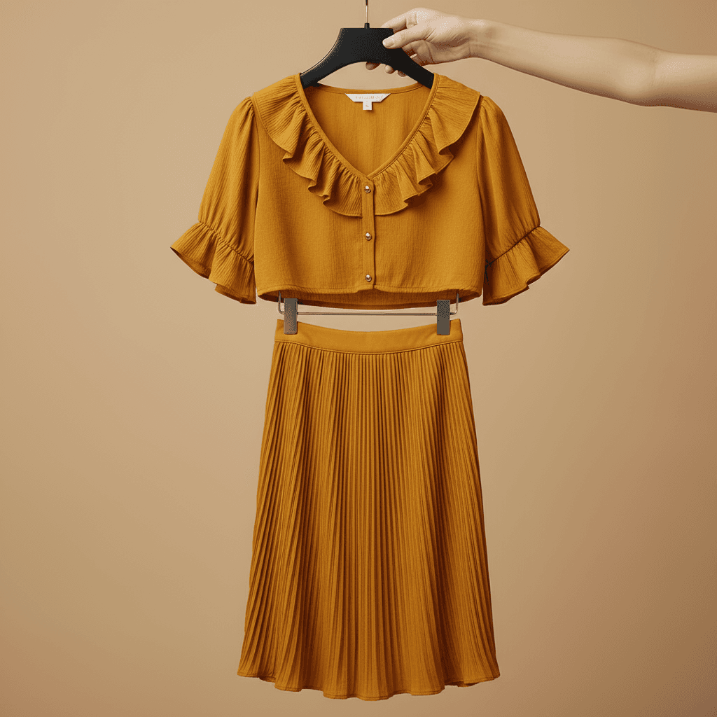 Mustard Ruffle Top & Pleated Skirt Set