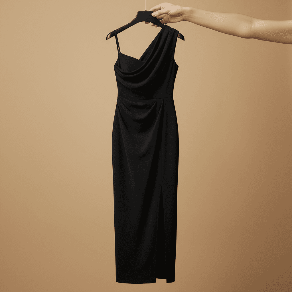 Black One-Shoulder Draped Midi Dress