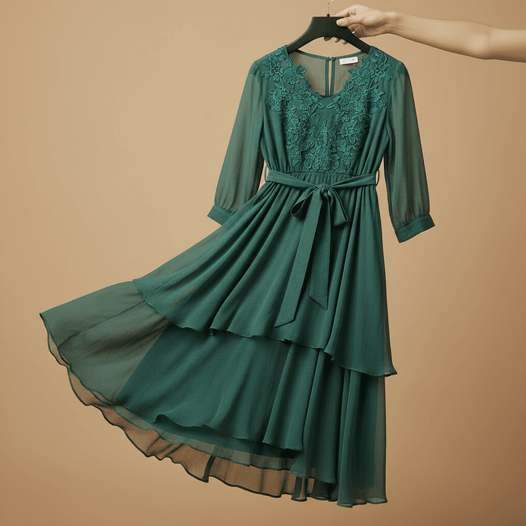 Emerald Green Lace Tiered Chiffon Dress