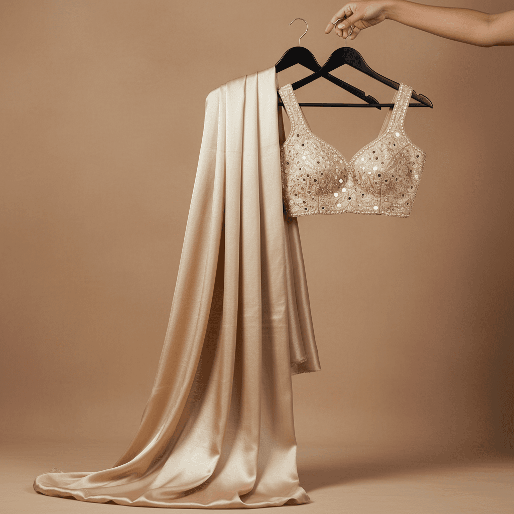 Gold Sequin & Mirror Work Blouse with Silk Skirt Set