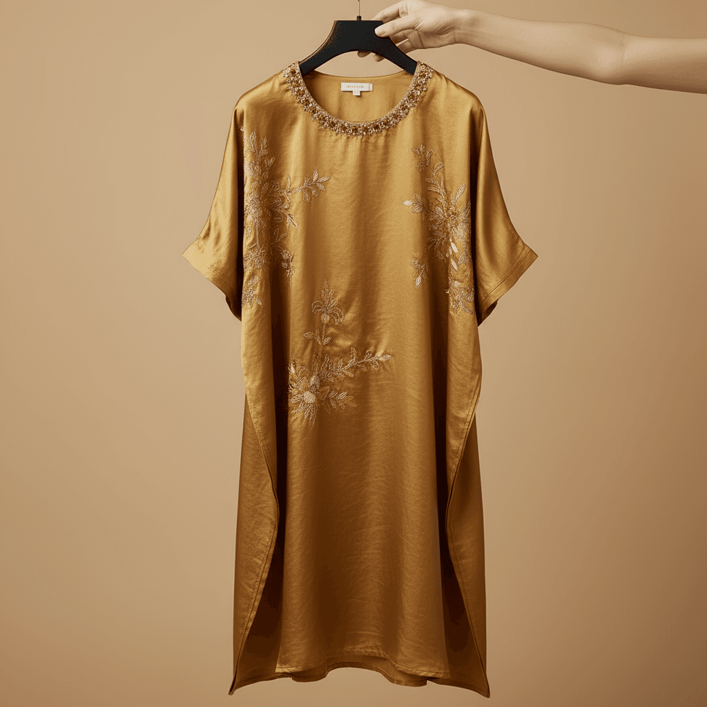 Golden Satin Embroidered Kaftan Dress