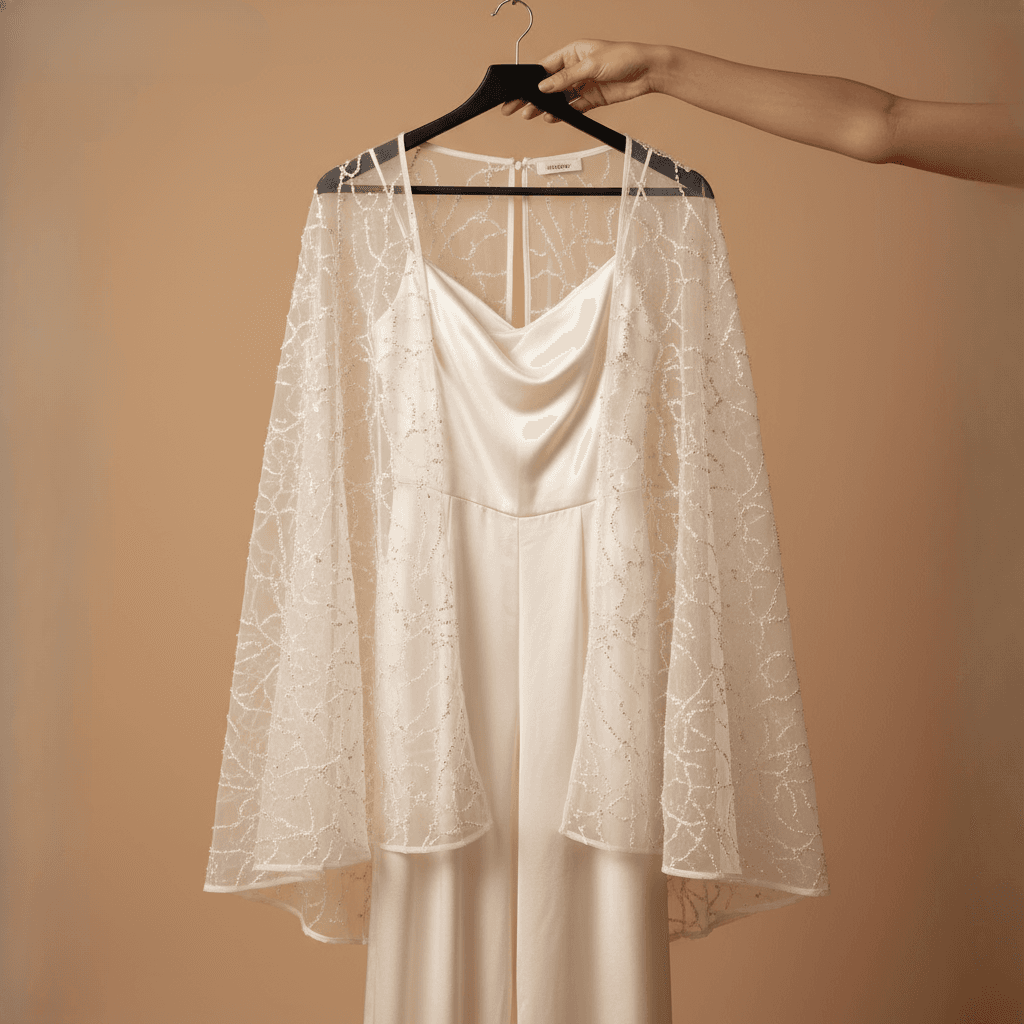 Ivory Satin Jumpsuit with Embellished Cape