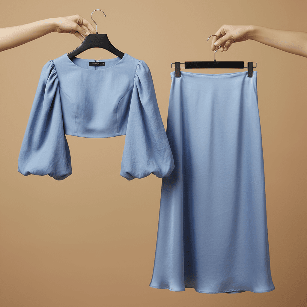 Blue Puff Sleeve Crop Top & Midi Skirt Set